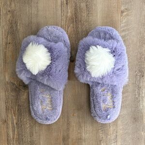 Purple Fluffy Tinkerbell Slippers with White Pom Pom - Size Large
